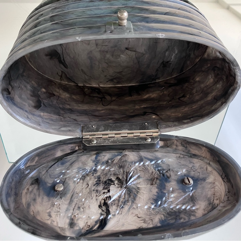 VTG 1950’s Grey Marbleized Lucite Box Bag Structurally Sound Rhinestone Detail - Picture 4 of 6